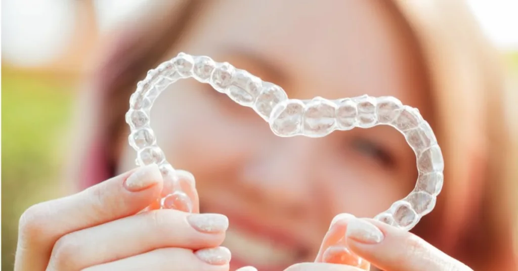 adult holds up aligners in a heart shape with Invisalign rubber bands